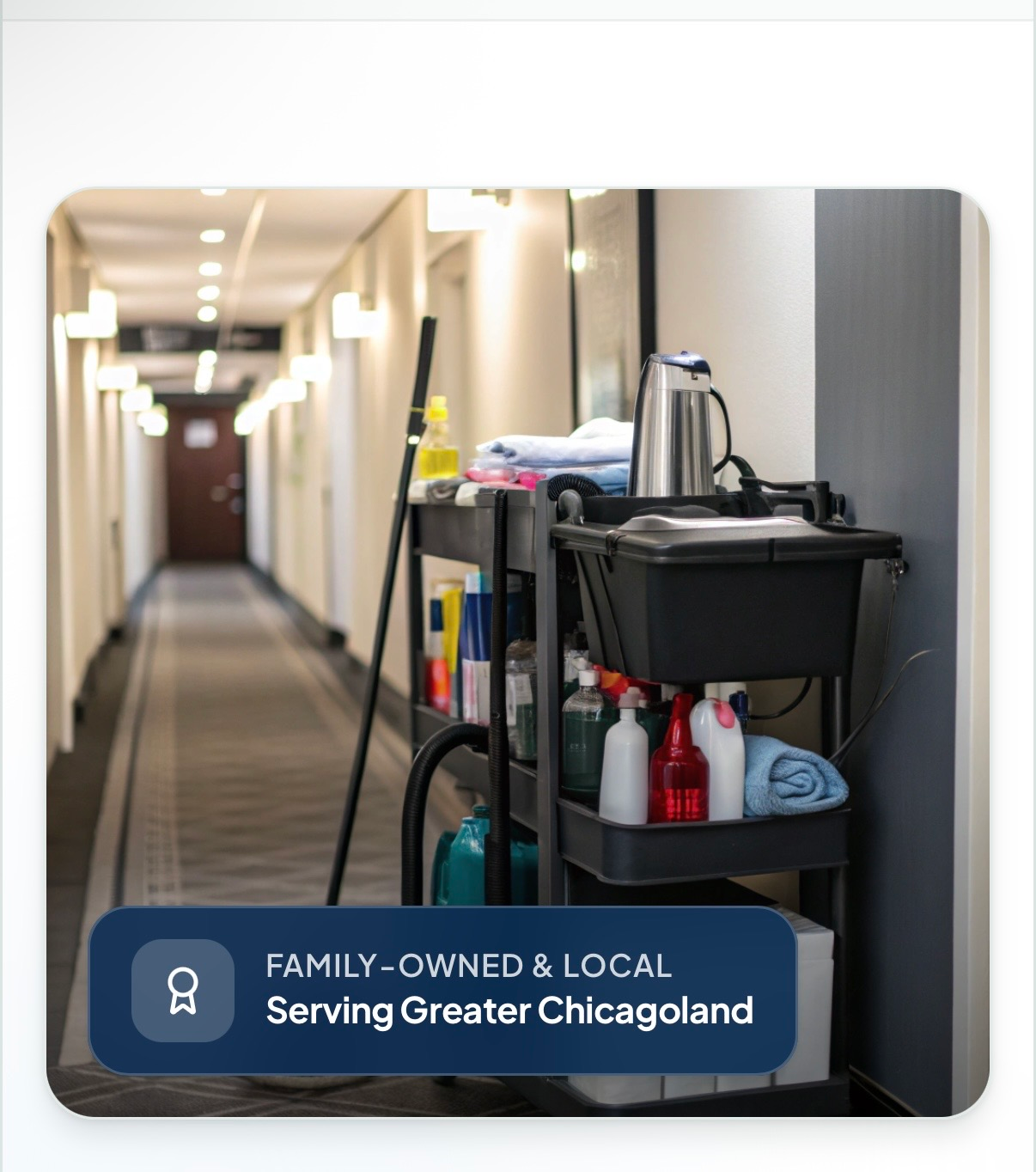 Lucente commercial cleaning supplies, janitorial service cart, and professional sanitization equipment